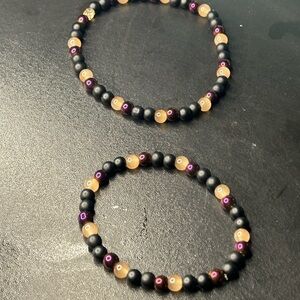 Matte Black and Gold Beaded Bracelet and anklet Set with Purple Accents